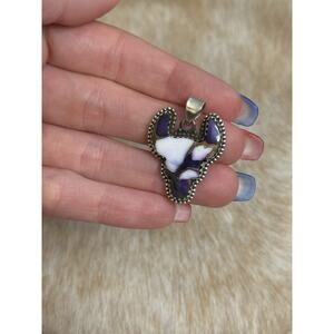 Native American SW Sterling Silver Purple Dahlia Turquoise Cow Head Bull Pendant